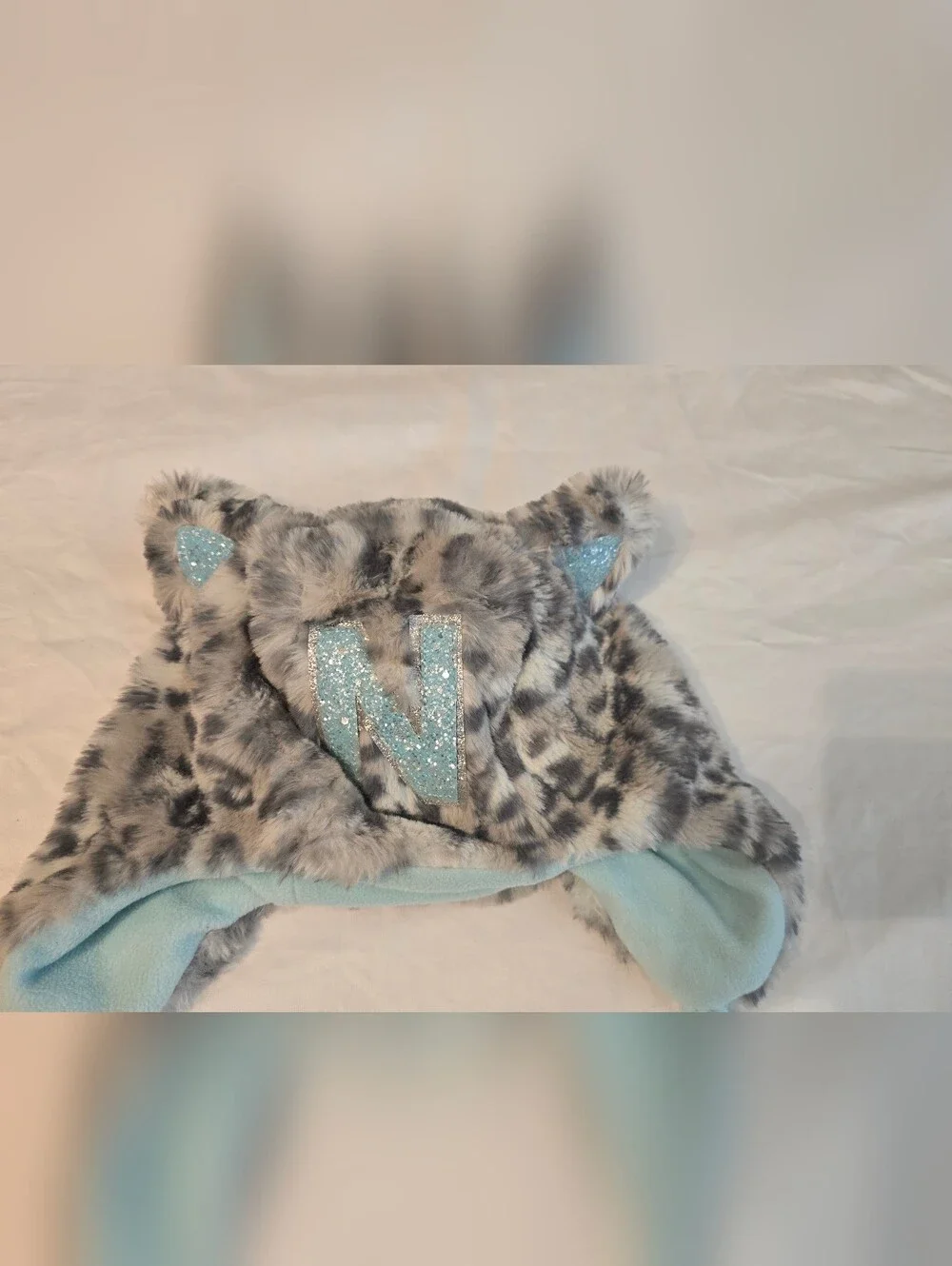 Justice Gray Leopard Faux Fur Earflap Hat with Light Blue Glitter Accents